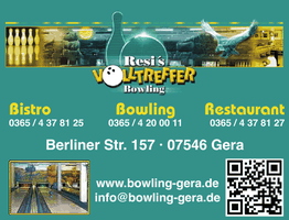 Werbung für Resi's Volltreffer Bowling in Gera mit Bistro, Restaurant und QR-Code.