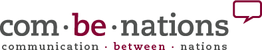 Logo mit dem Text "com•be•nations" und Slogan "communication • between • nations". Sprechblase rechts.