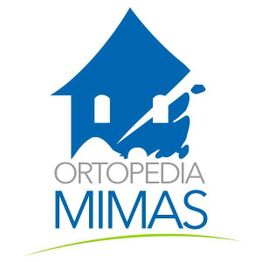 Logo de Ortopedia Mimas: casa azul con silla de ruedas integrada, texto en gris y azul.