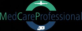 Logo: "MedCareProfessional" mit Flugzeug und Krankenwagen-Symbolen.