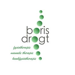 "Logo met groene stippen: Boris Drogt, fysiotherapie, manuele therapie, kaakfysiotherapie."
