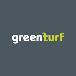 "Greenturf logo with white and green text on a dark gray background."