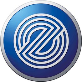 Blaues Emblem mit weißen, ineinander verschlungenen Linien in kreisförmigem Design.