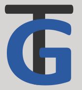 Blaue Buchstaben "TG" auf grauem Hintergrund, "T" steht hinter "G".