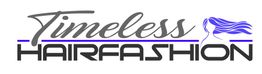 Logo van "Timeless Hairfashion" met silhouet van haar in paarse lijnen, modern en stijlvol.