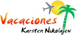 Logo mit Schriftzug "Vacaciones", Flugzeug, Sonne und Palme. Text: "Karsten Nikolajew".