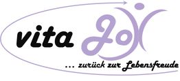 Logo mit Text "vita Joy ... zurück zur Lebensfreude" und einem abstrakten, tanzenden Menschen.