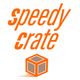 Orange text "speedy crate" with a fast-moving cube icon below.