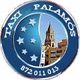 Logotipo de Taxi Palamós con fondo azul, estrellas y una iglesia. Número: 872 011 013.
