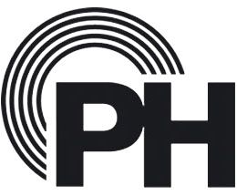 Schwarzes "PH"-Logo mit kreisförmigen Linien auf der linken Seite.