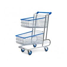 Carrinho de compras de dois andares com estrutura metálica e alças azuis.