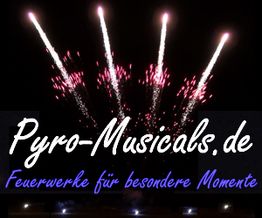 Feuerwerk am Nachthimmel mit Text "Pyro-Musicals.de: Feuerwerke für besondere Momente".