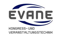 Logo von "EVANE Kongress- und Veranstaltungstechnik" mit blauen geschwungenen Linien.