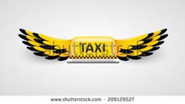 Simbolo taxi giallo con ali nere e gialle su sfondo grigio chiaro.