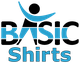 Logo mit der Aufschrift "BASIC Shirts" und stilisiertem Mensch in Blau und Schwarz.