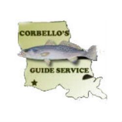 Map-shaped logo with a fish, labeled "Corbello's Guide Service."