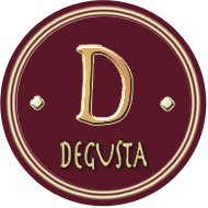 Logotipo con fondo burdeos, letra "D" dorada y texto "Degusta".