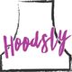 Logo with the word "Hoodsly" in purple over a stylized hood shape in black and white.