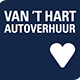 Blauw logo met tekst "Van ’t Hart Autoverhuur" en een wit hartpictogram.