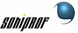 Logotipo de Soniprof con una esfera azul a la derecha.