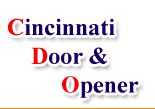 Text: "Cincinnati Door & Opener" in red and blue on white background.