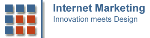 Logo mit Raster aus blauen und roten Quadraten, Text: "Internet Marketing, Innovation meets Design".