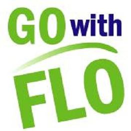 Text "GO with FLO" in green and blue, with a swoosh underlining "GO."