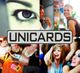 Collage mit fröhlichen Menschen und einem großen Auge. Text: "UNICARDS".