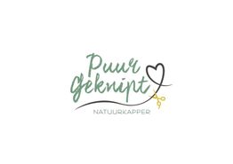 "Puur Geknipt logo met schaar en hart, tekst: 'Natuurkapper' eronder."
