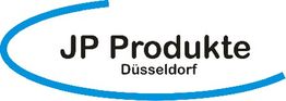 Logo mit Text "JP Produkte Düsseldorf" in schwarzer Schrift, umrahmt von einem blauen ovalen Bogen.