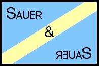 Blauer Hintergrund mit gelbem Streifen, darauf steht "Sauer & Reuar" in schwarzer Schrift.