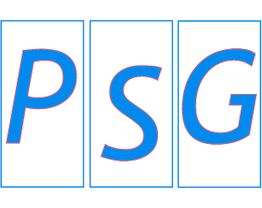 Blauer Text "PSG" auf weißem Hintergrund, jeder Buchstabe in einem eigenen rechteckigen Feld.