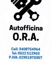 Logo Autofficina O.R.A., icone chiave inglese e pistone, indirizzo e contatti in nero e rosso.