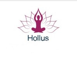 Logotipo com figura em meditação e desenho de lótus em rosa, abaixo a palavra "Hollus".