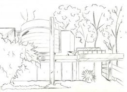 Desenho de esboço arquitetônico de um edifício moderno cercado por árvores.