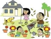 Familie arbeitet im Garten mit Hund, Haus im Hintergrund, Pflanzen werden gegossen und gerechen.