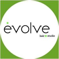 Logo: "Evolve Hair Studio" with green accents, white background, encircled by green border.
