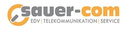 Logo: sauer-com mit Slogan "EDV | Telekommunikation | Service" in Grau und Orange.