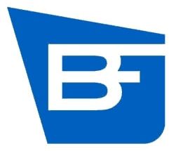 Logo blu con lettere bianche "BF" inclinate.