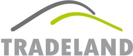 Logo mit Schriftzug "TRADELAND" und zwei geschwungenen Linien in Grau und Grün darüber.