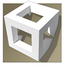 Cube blanc avec ouvertures, ombre projetée sur un fond beige. Illusion d'optique 3D.