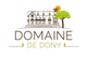 Logo "Domaine de Dony" avec maison, arbre et coucher de soleil.