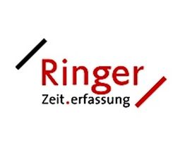 Logo mit Text "Ringer Zeit.erfassung" in Rot und Schwarz, getrennt durch diagonale Linien.