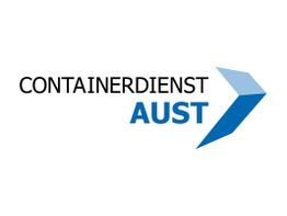 Logo von Containerdienst Aust mit einem blauen Pfeil nach rechts.