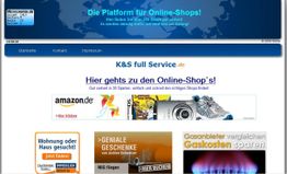 Website mit Online-Shop-Links, blauer Header und verschiedenen Werbebannern.