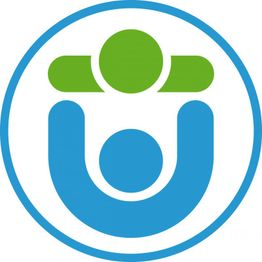 Abstraktes Logo mit blauer und grüner Figur in einem blauen Kreis.