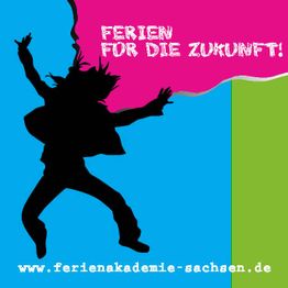 Schattenriss einer springenden Person, Text: "Ferien für die Zukunft!" und Website-Adresse.