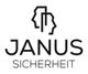 Logo von Janus Sicherheit mit stilisiertem Gesicht in Schwarz-Weiß.