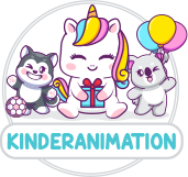 Niedliche Tierfiguren: Einhorn, Hund und Koala mit Luftballons und Geschenken, Text "Kinderanimation".