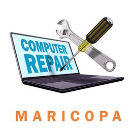 Laptop with text "Computer Repair," crossed by wrench and screwdriver; "Maricopa" below.